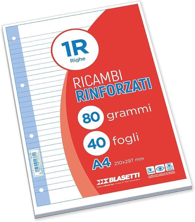 Ricambi rinforzati bianco confezione da 40 fogli A4 rigatura 1R