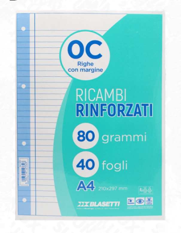 Ricambi rinforzati bianco confezione da 40 fogli A4 rigatura 0C