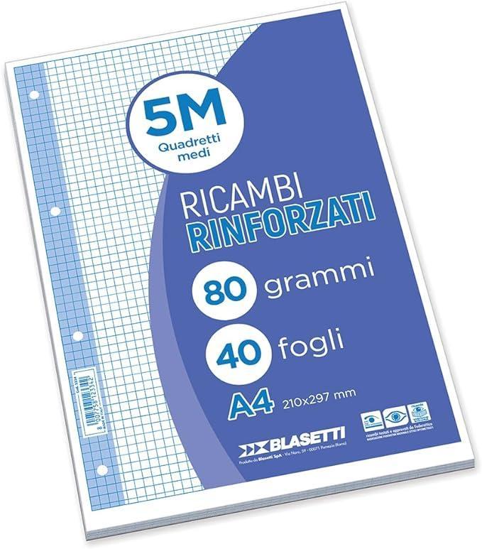 Ricambi rinforzati bianco confezione da 40 fogli A4 rigatura 5M