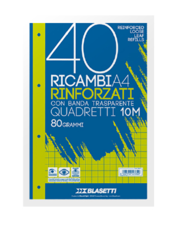 Ricambi rinforzati bianco confezione da 40 fogli A4 rigatura 10M