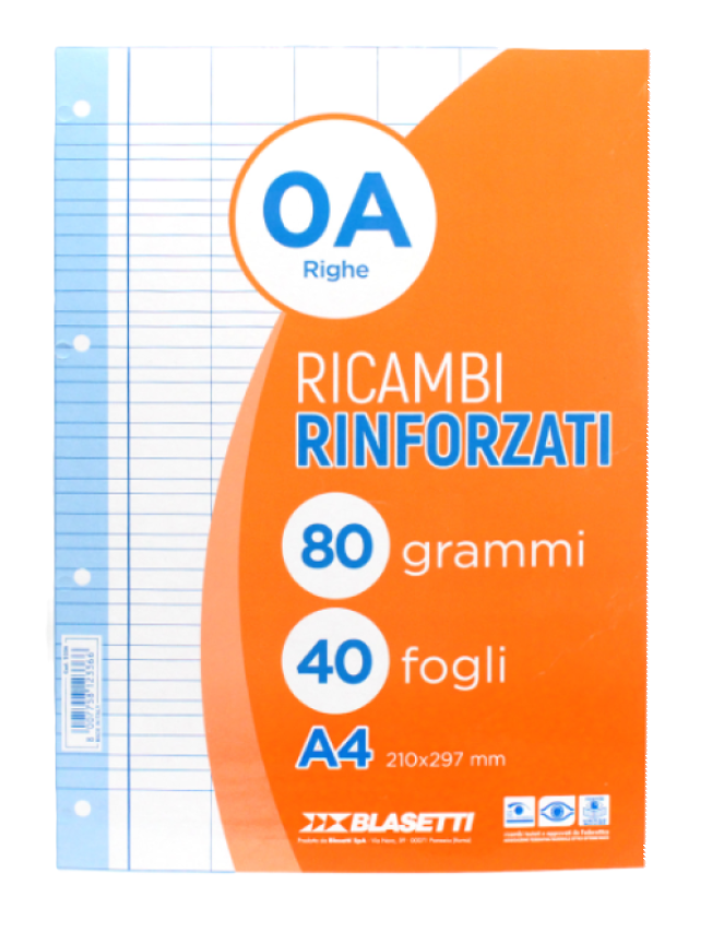 Ricambi rinforzati bianco confezione da 40 fogli A4 rigatura 0A