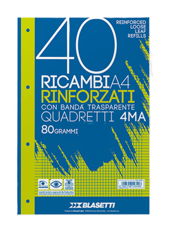 Ricambi rinforzati bianco confezione da 40 fogli A4 rigatura 4MA