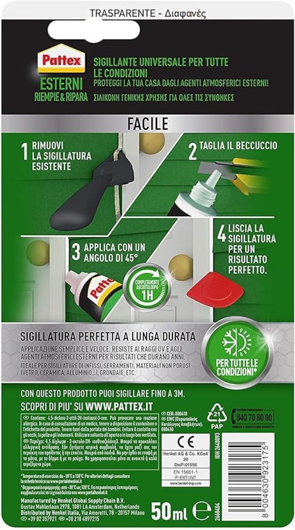 Silicone Pattex esterni riempie e ripara trasparente 50ml