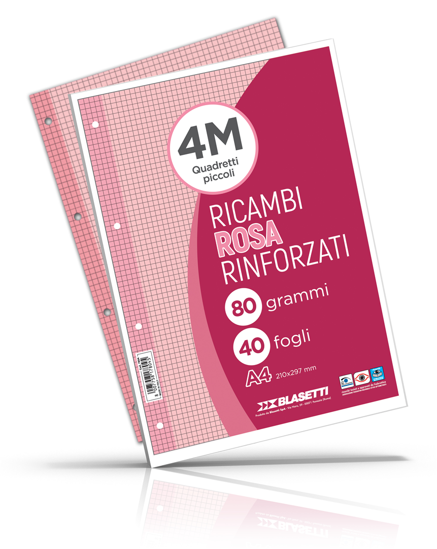 Ricambi rinforzati rosa confezione da 40 fogli A4 rigatura 4M