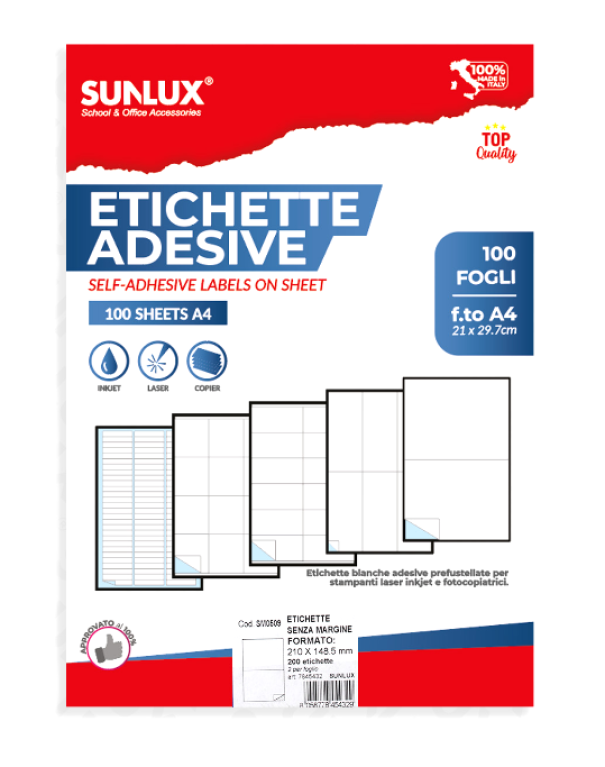 Etichette adesive A4 200 etichette 210x148mm 2 per 100 fogli