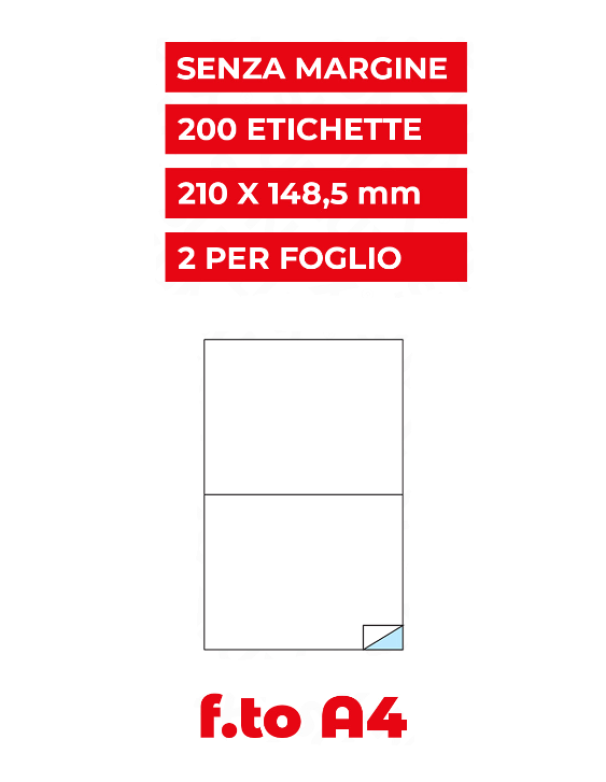 Etichette adesive A4 200 etichette 210x148mm 2 per 100 fogli