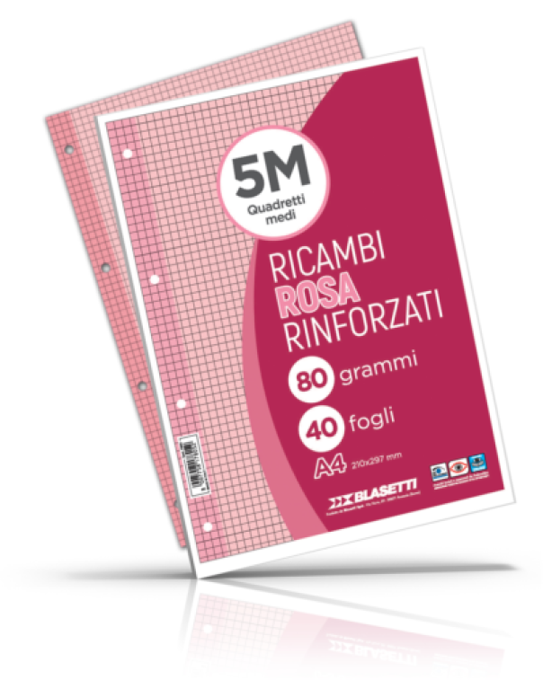 Ricambi rinforzati rosa confezione da 40 fogli A4 rigatura 5M