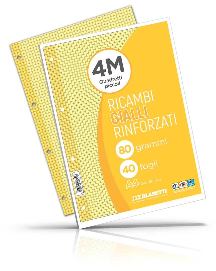 Ricambi rinforzati giallo confezione da 40 fogli A4 rigatura 4M