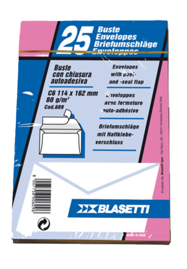 Buste bianche Blasetti 11,4x16,2 cm chiusura autoadesiva confezione da 25