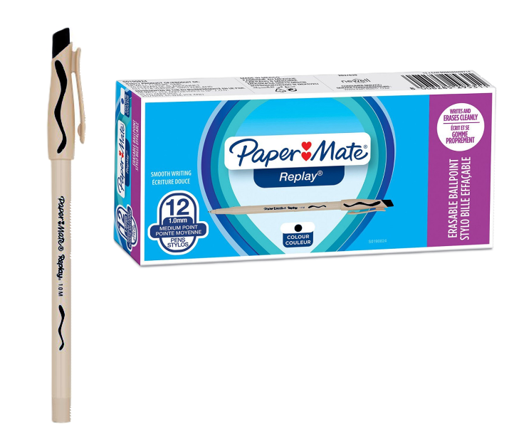 Penna a sfera cancellabile Paper Mate replay nero confezione da 12