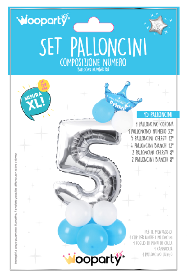 Set palloncini Prince n.5 celeste e argento 125cm