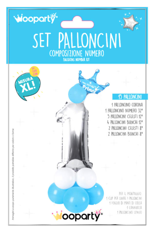 Set 15 palloncini Prince n.1 celeste e argento 125cm