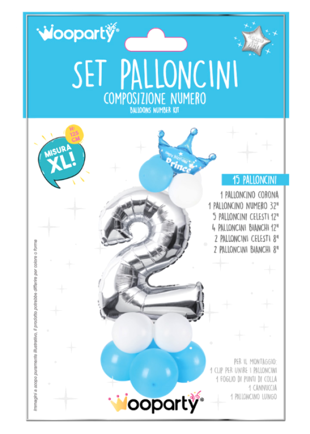 Set 15 palloncini Prince n.2 celeste e argento 125cm