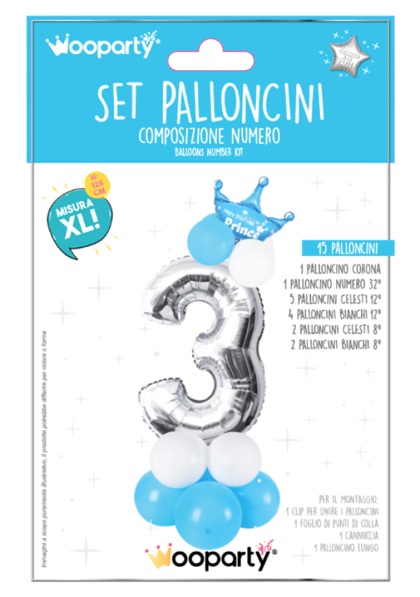 Set 15 palloncini Prince n.3 celeste e argento 125cm