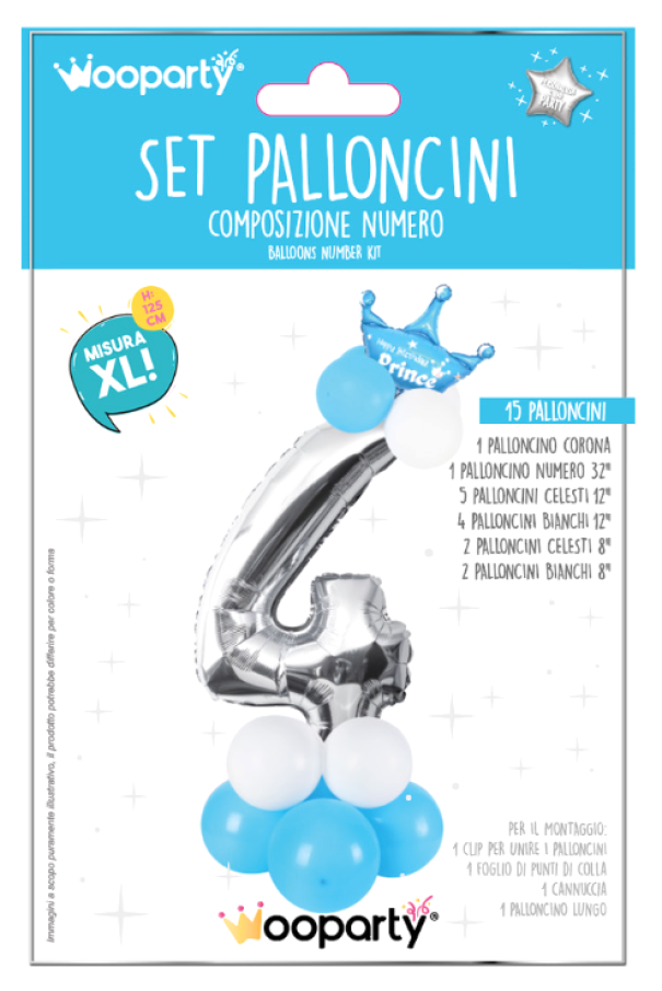 Set 15 palloncini Prince n.4 celeste e argento 125cm