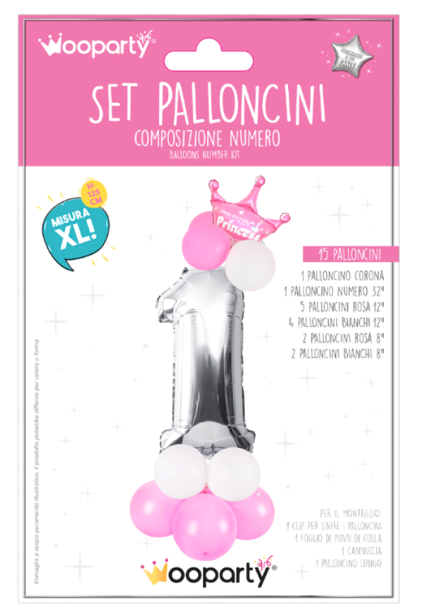 Set 15 palloncini Princess n.1 rosa e argento 125cm