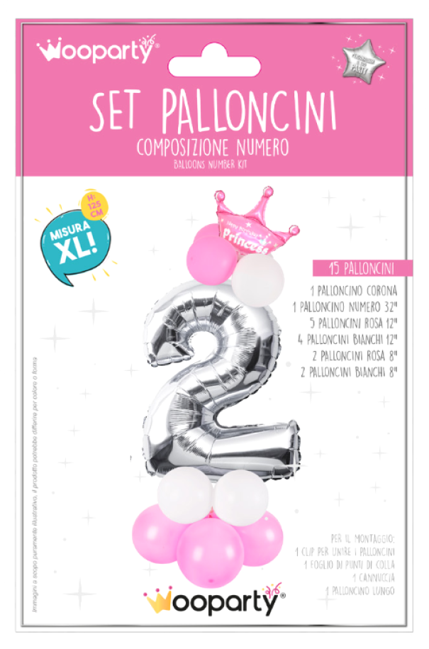 Set 15 palloncini Princess n.2 rosa e argento 125cm