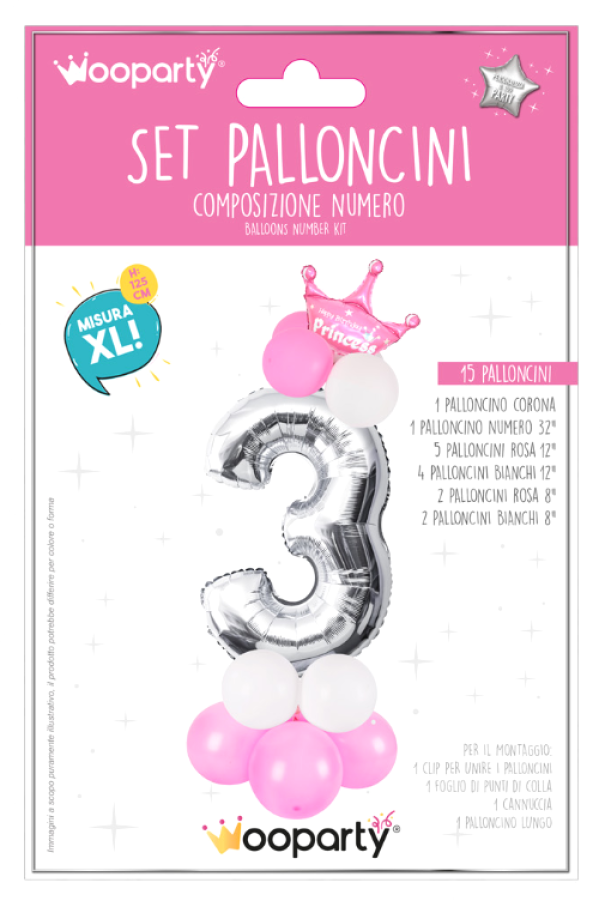 Set 15 palloncini Princess n.3 rosa e argento 125cm