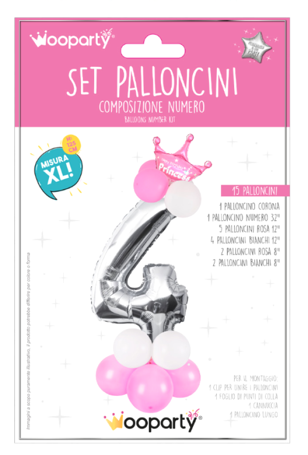 Set 15 palloncini Princess n.4 rosa e argento 125cm