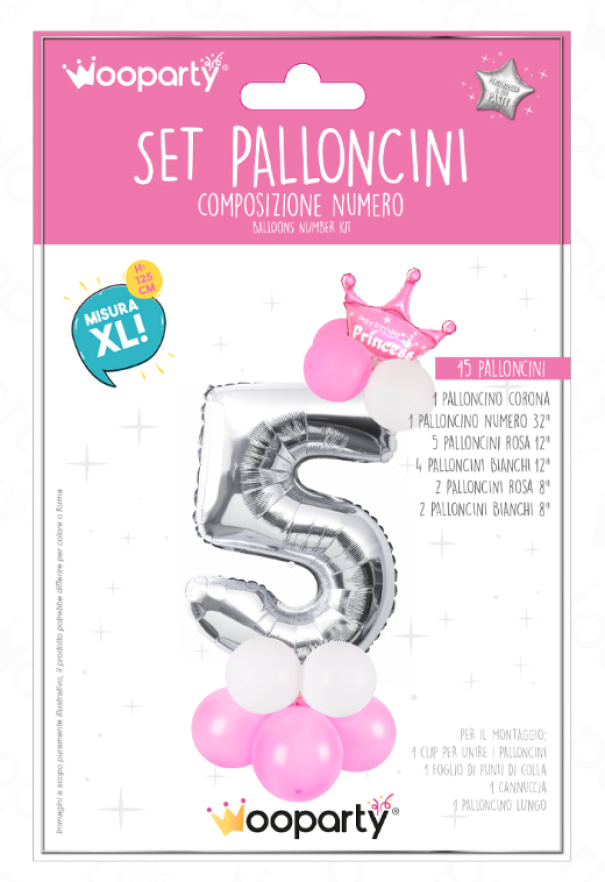 Set 15 palloncini Princess n.5 rosa e argento 125cm