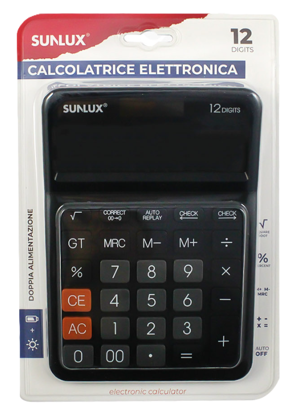 Calcolatrice elettronica Sunlux 12 digits 17,5x12,5cm