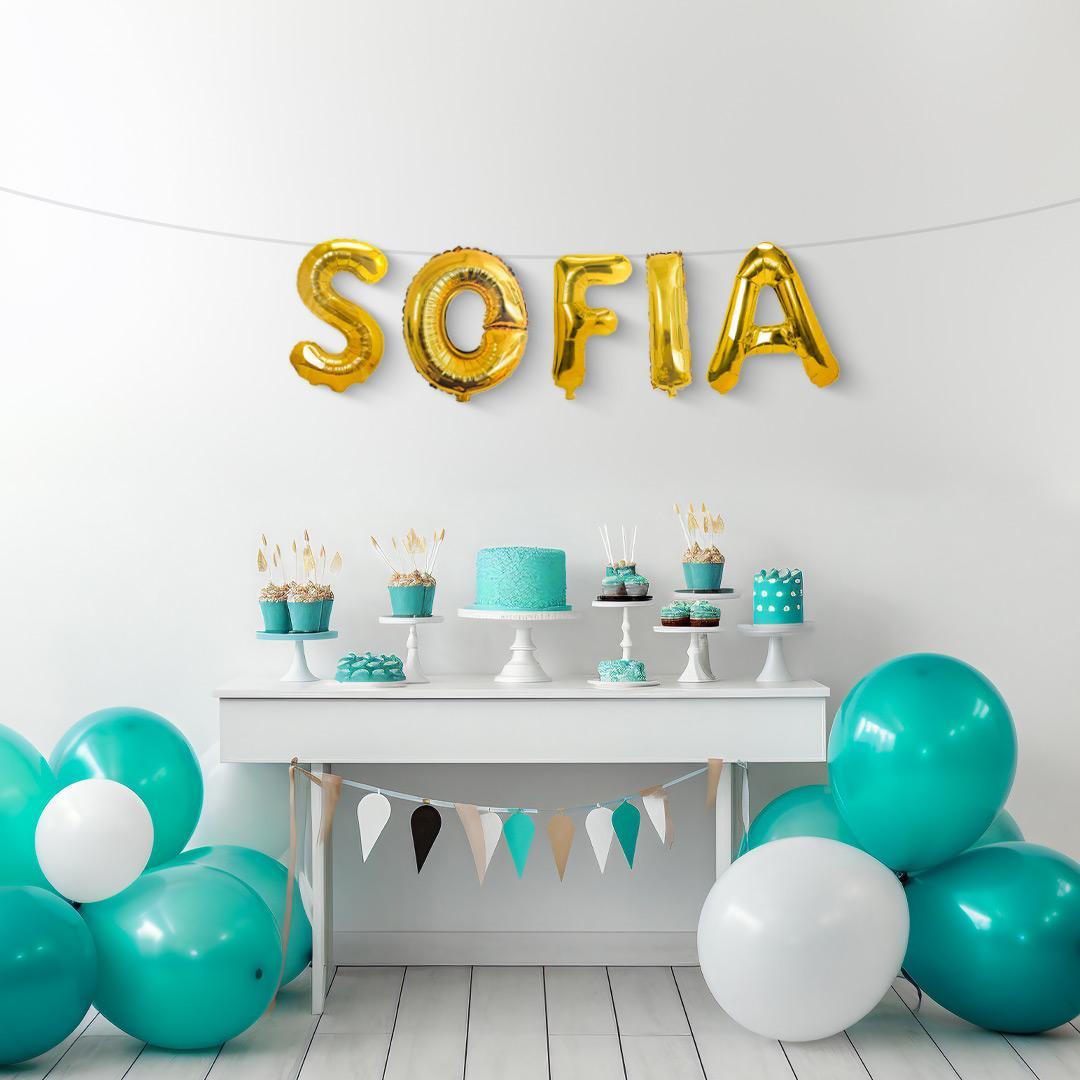 Palloncini nome Sofia, kit scritto con lettere Oro altezza 35cm