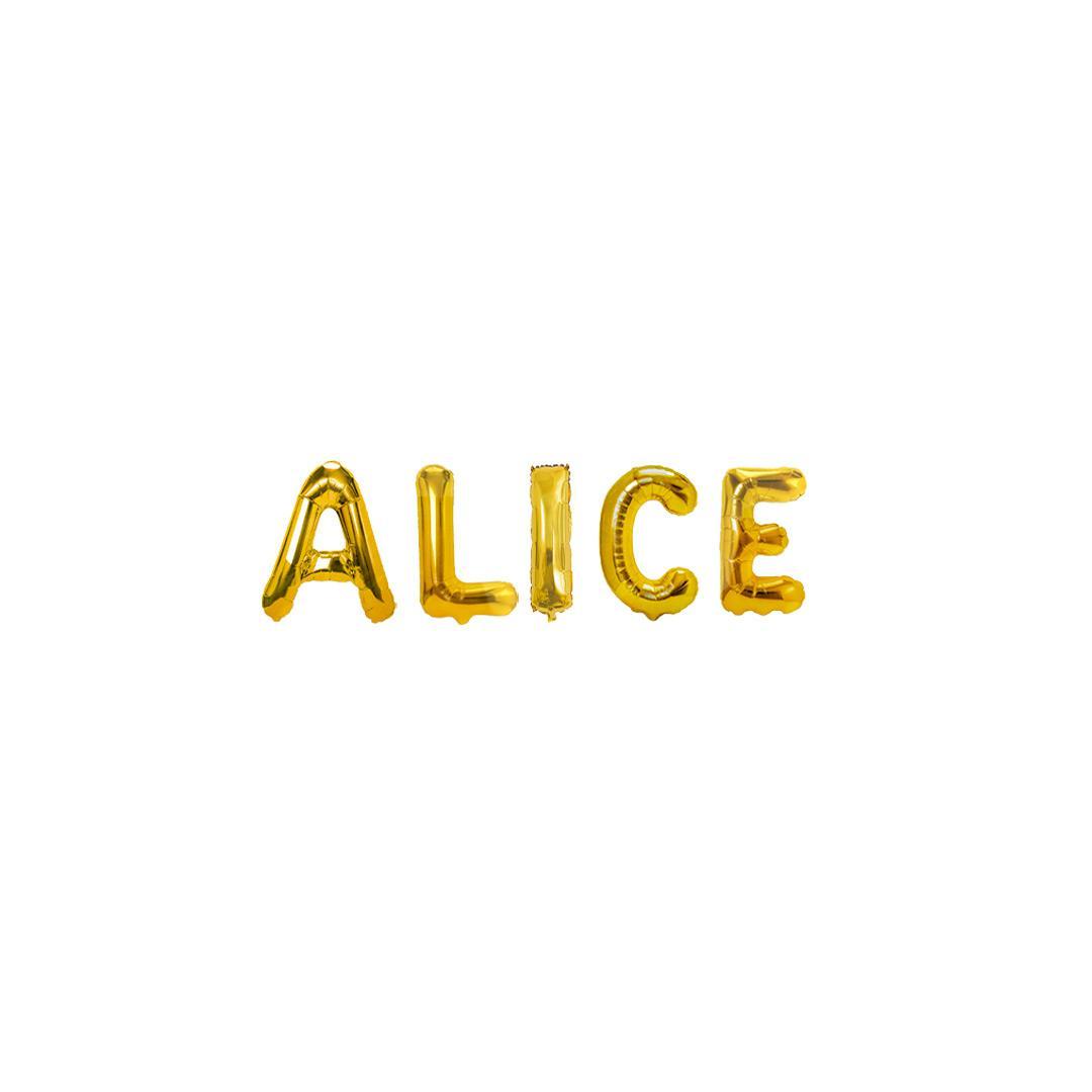 Palloncini nome Alice, kit scritto con lettere Oro altezza 35cm