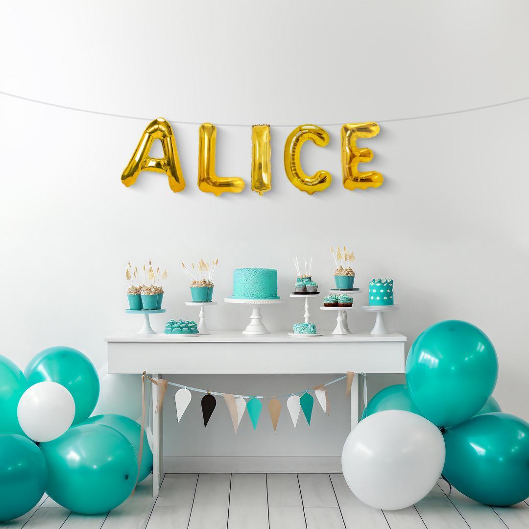 Palloncini nome Alice, kit scritto con lettere Oro altezza 35cm