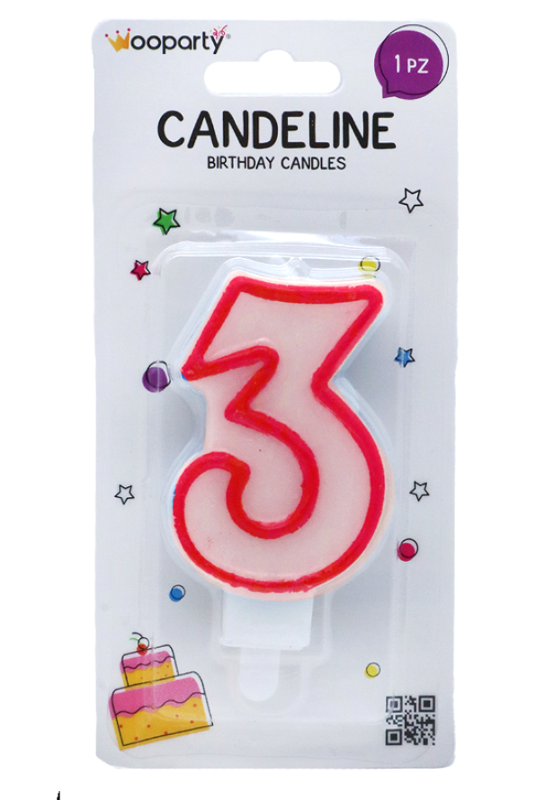 Candelina Wooparty bianco-rosso n.3 8,5cm