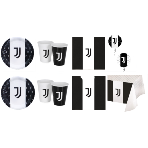 Kit compleanno juventus 54pz (16 bicchieri, 16 piatti, 40 tovaglioli, 1 tovaglia 120x180cm, 1 palloncino)