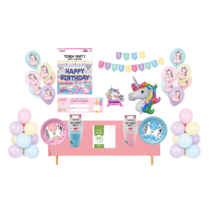 Kit party unicorn 215pz ( 2 set palloncini 20pz, 12 palloncini unicorn, 48 bicchieri, 40 piatti, 50 tovaglioli, 1 tovaglia, 1 festone, 1 tenda, 1 candelina, 1 palloncino unicorno 58x105cm, 40 inviti)