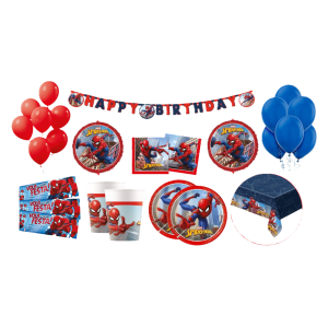 Kit compleanno spiderman 96pz ( 24 bicchieri, 24 piatti, 20 tovaglioli, 20 inviti, 12 palloncini rossi, 12 palloncini blu, 2 palloncini spiderman, 1 festone, 1 tovaglia)