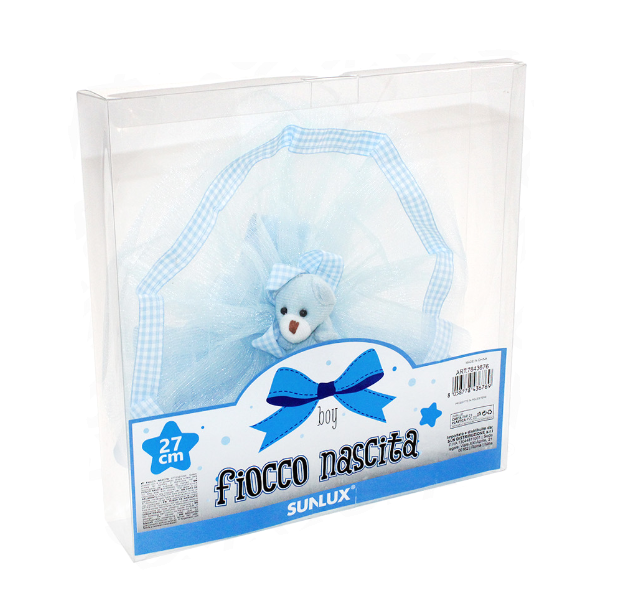 Fiocco nascita bambino celeste coccarda con orsetto 27cm