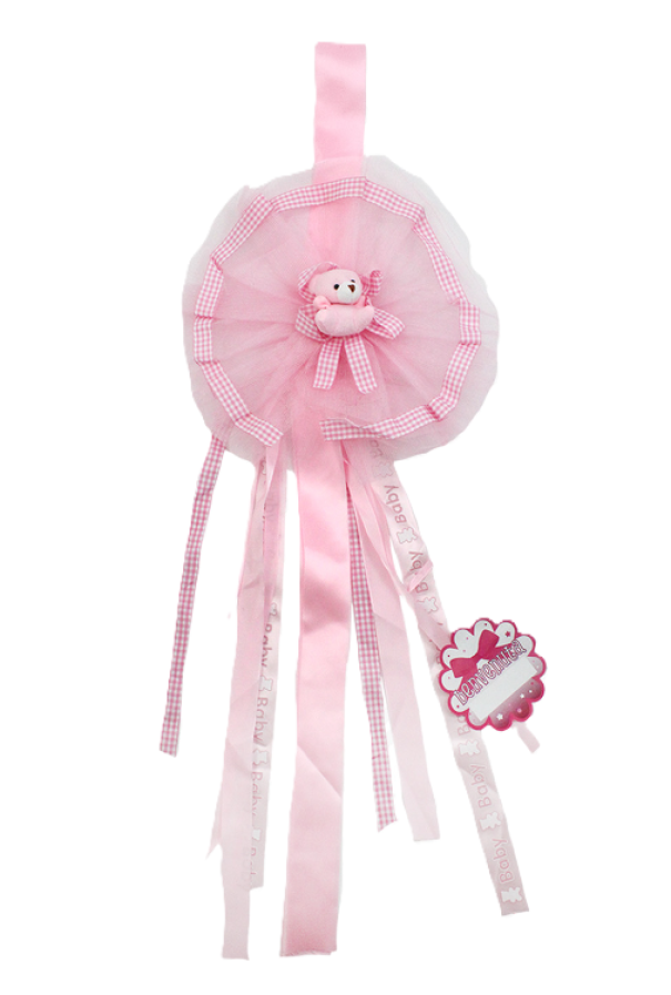 Fiocco nascita bambina rosa coccarda con orsetto 27cm