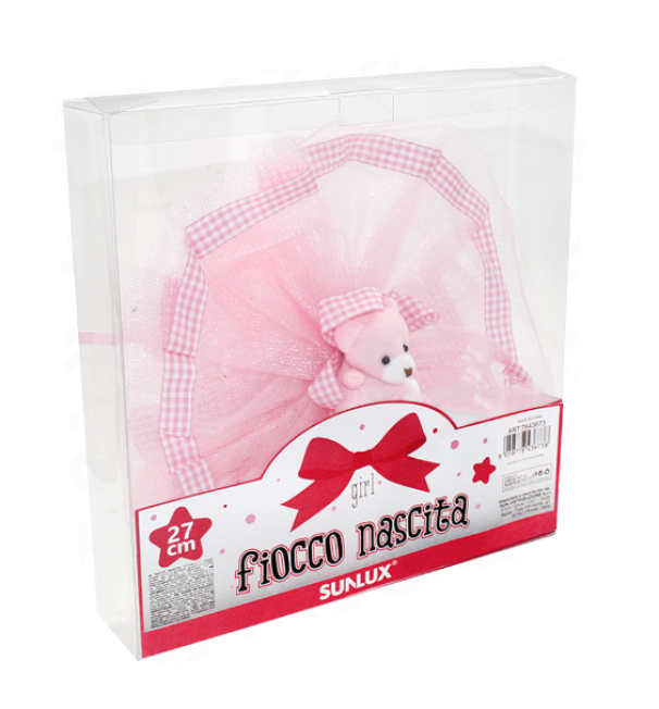 Fiocco nascita bambina rosa coccarda con orsetto 27cm