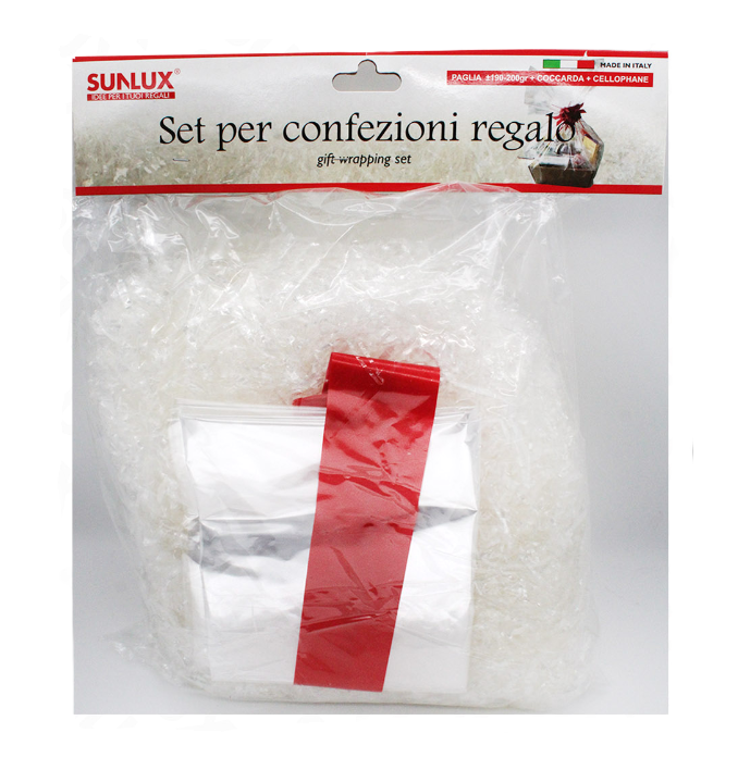 Set per confezioni regalo (paglia 190/200gr + coccarda + cellophane)