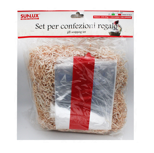 Set per confezioni regalo (paglia legno 190/200gr + coccarda + cellophane)