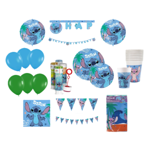 Kit compleanno stitch 129 pezzi (24 piatti, 24 bicchieri, 40 tovaglioli, 1 tovaglia, 1 festone, 1 festone bandierine, 12 bolle di sapone 60ml, 2 palloncini stitch, 12 palloncini azzurri, 12 palloncini verdi)